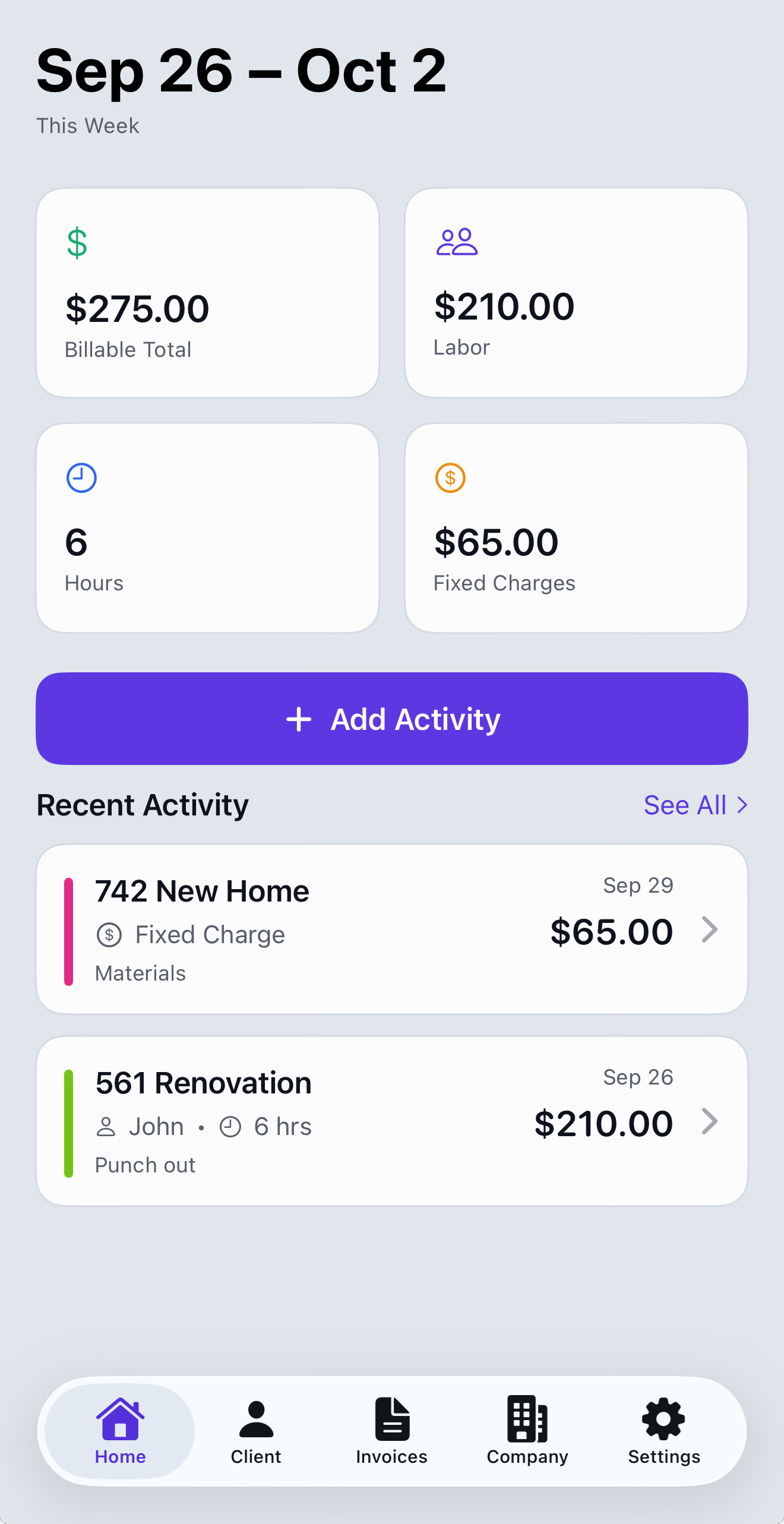 Crewer iPhone dashboard showing weekly billable total, labor, hours, fixed charges, and recent activity.